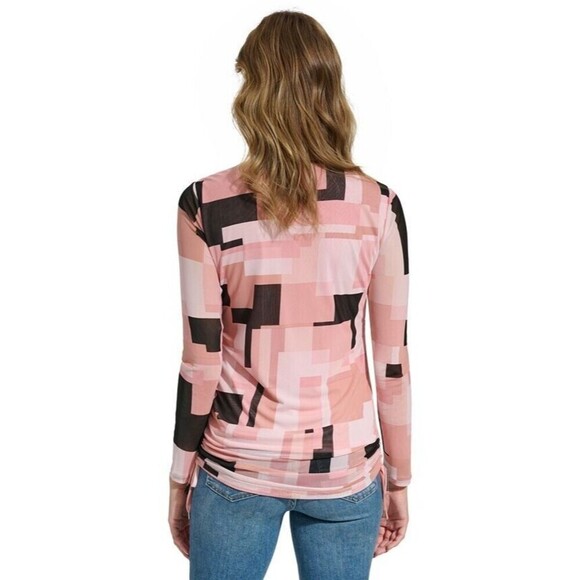 Calvin Klein Women's Printed Mesh Long Sleeve Top ruched and tied sides S - Picture 4 of 8